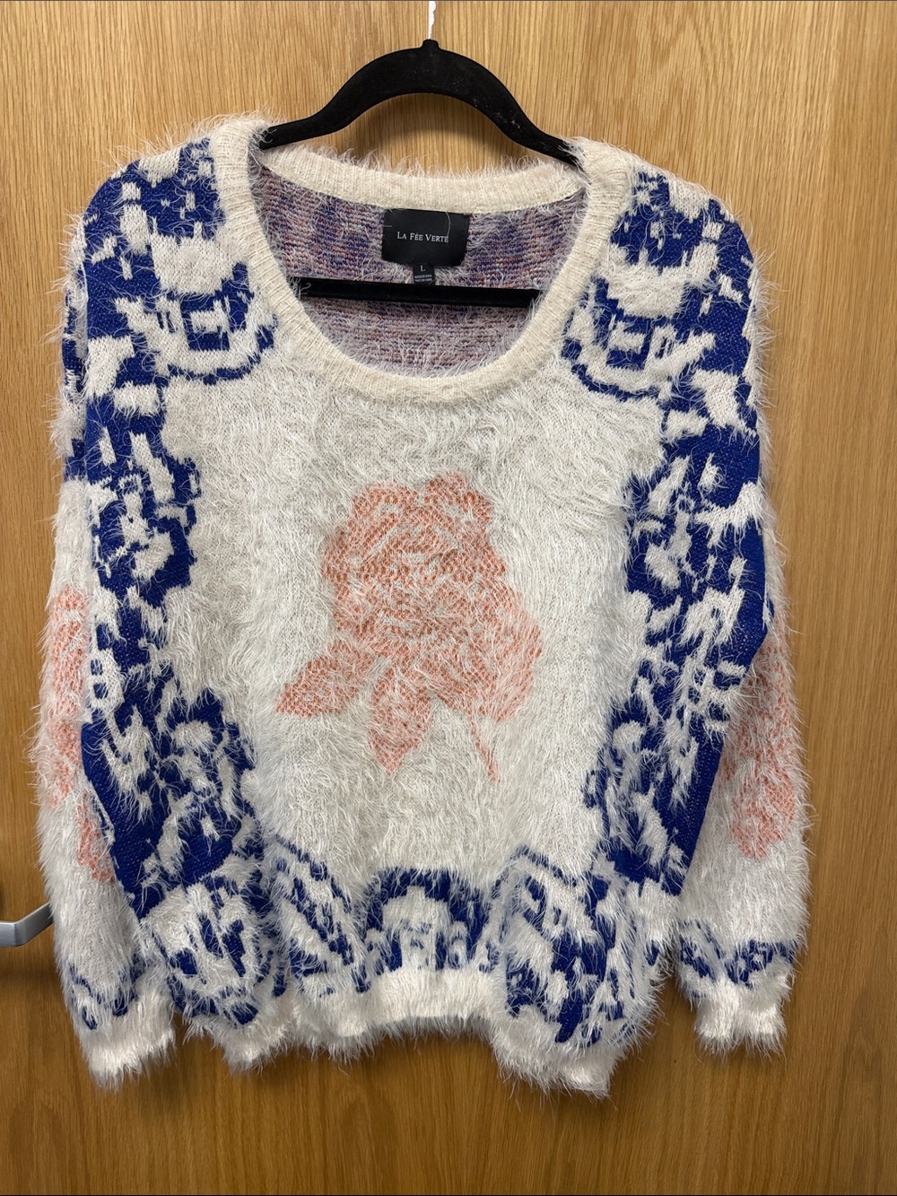 La Fee Verte Anthropologie Fuzzy Floral Crewneck Sweater - White, Blue & Pink